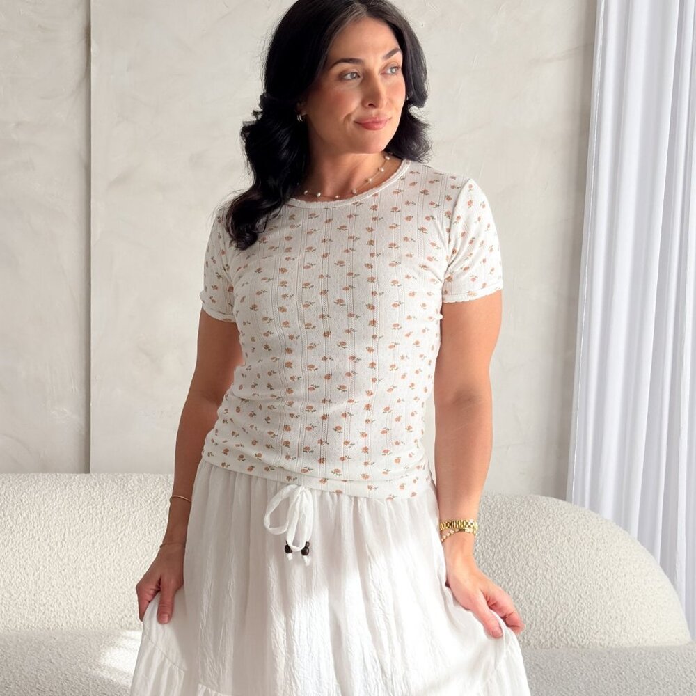 Pointelle Floral Short Sleeve Top – White with Blush Pink Flowers